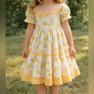 Toddler Girl Yellow Floral Dress | Puff Sleeve Lace Trim | Cottagecore Style